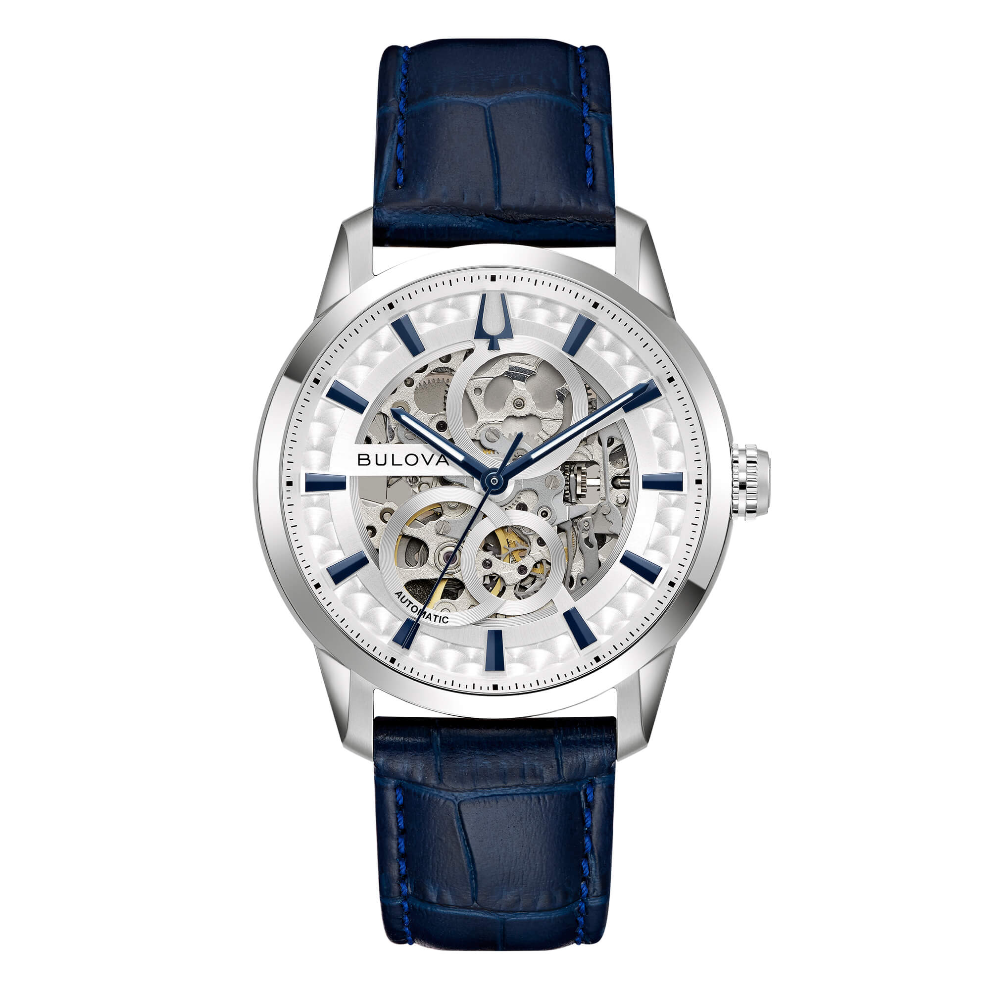 Orologio Uomo Bulova Automatico Sutton Pelle Blu Skeleton 96A330